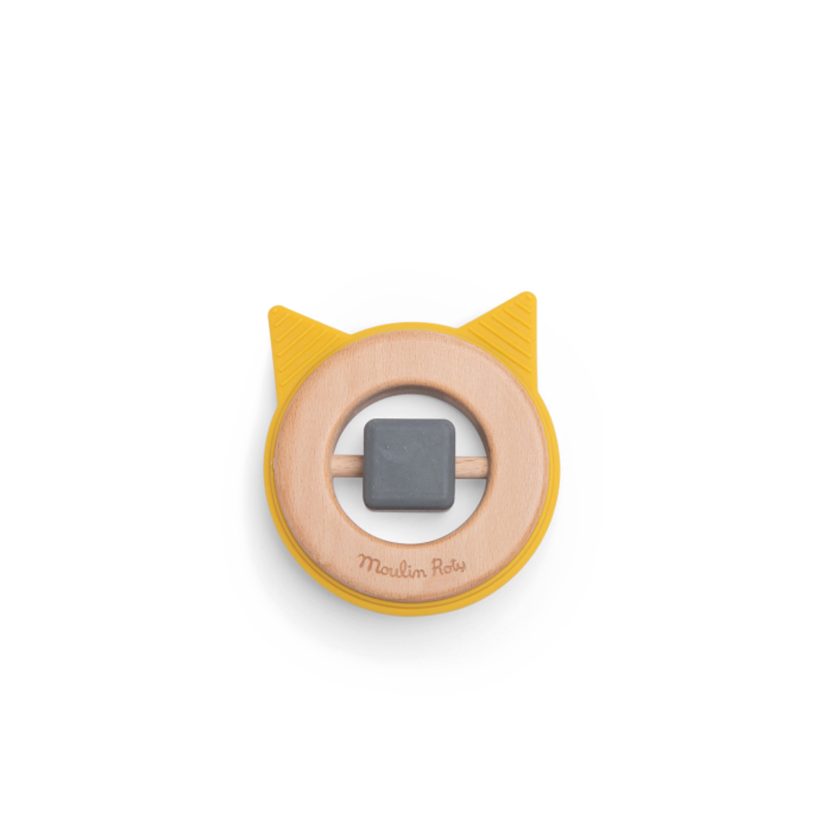 Hochet anneau de dentition bois et silicone chat - Les Moustaches - Moulin Roty
