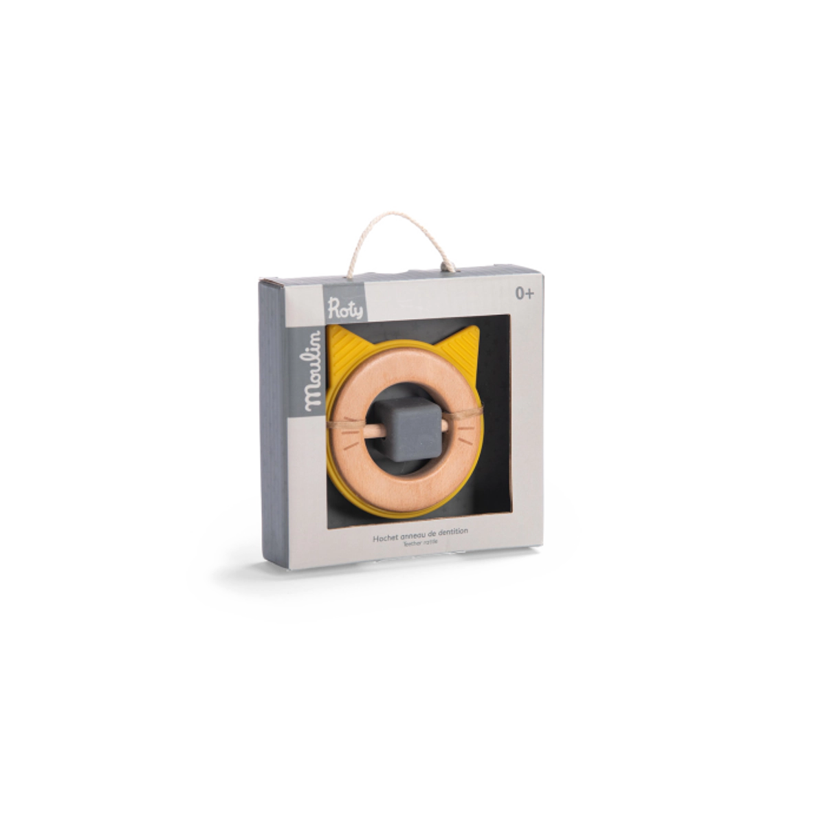 Hochet anneau de dentition bois et silicone chat - Les Moustaches - Moulin Roty – Image 2