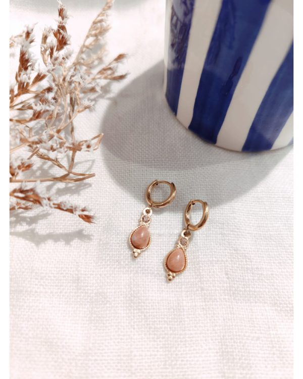 Boucle D'Oreille Mini Créole Goutte Pierre Rose Dorée