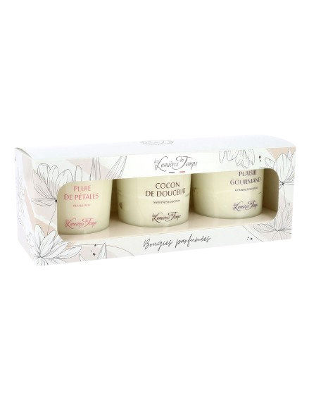 Coffrets bougies : 3 parfums pétales - cocon - plaisir gourmand - Lumière du temps