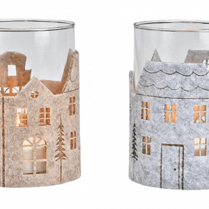 photophore maison noel en verre beige ou gris